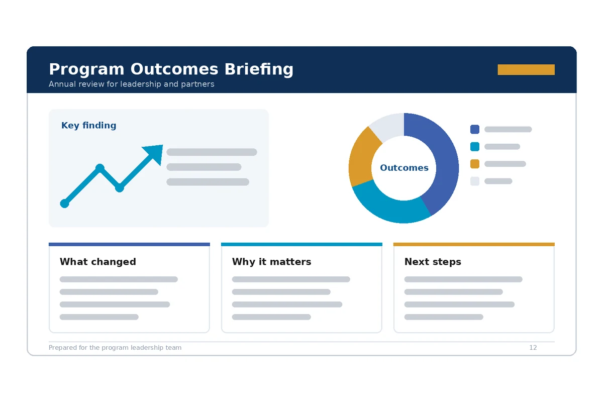ret-briefing-slide Illustrative briefing slide with a key finding, an outcomes chart, and takeaway panels.