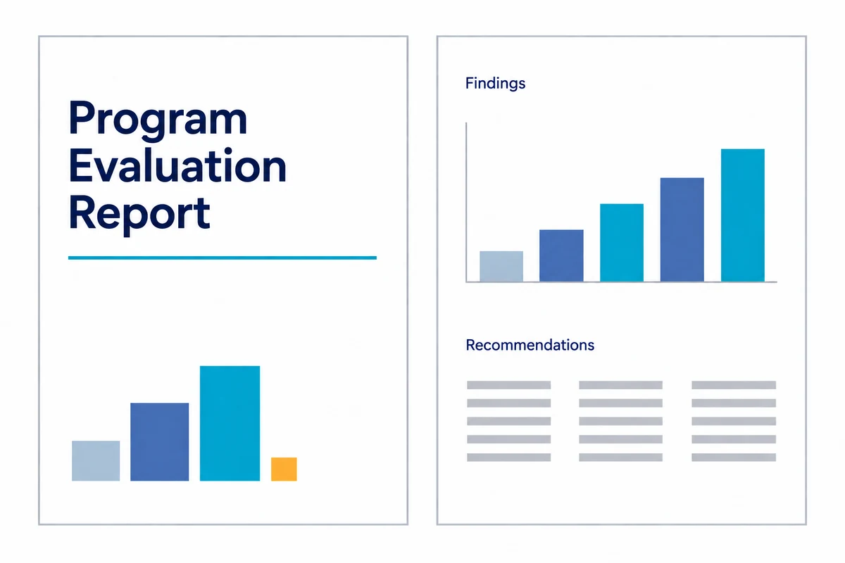 ret-evaluation-report Illustrative Program Evaluation Report cover beside a findings and recommendations page.