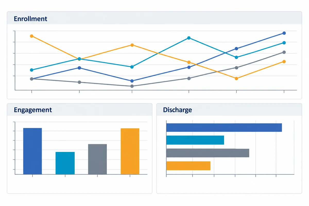 ret-program-dashboard Illustrative program dashboard with enrollment, engagement, and discharge charts.
